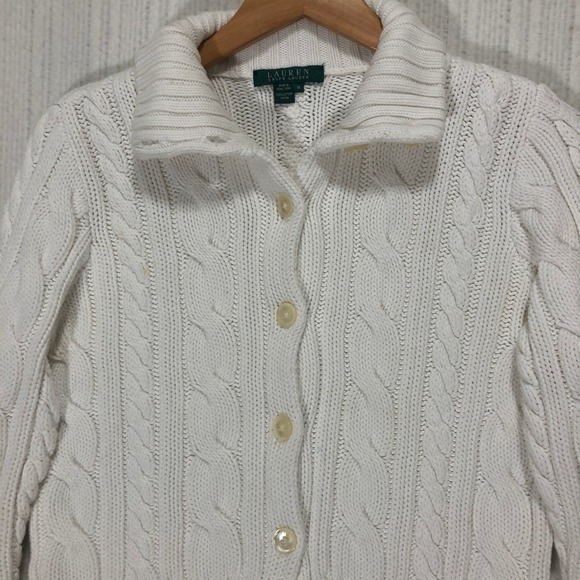 Lauren Ralph Lauren White Cable Knit Turtleneck Button Front Cardigan Sweater M - Picture 4 of 9